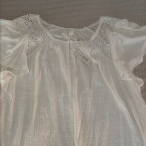 Max Studio White Crochet-Yoke Flutter Sleeve Blouse